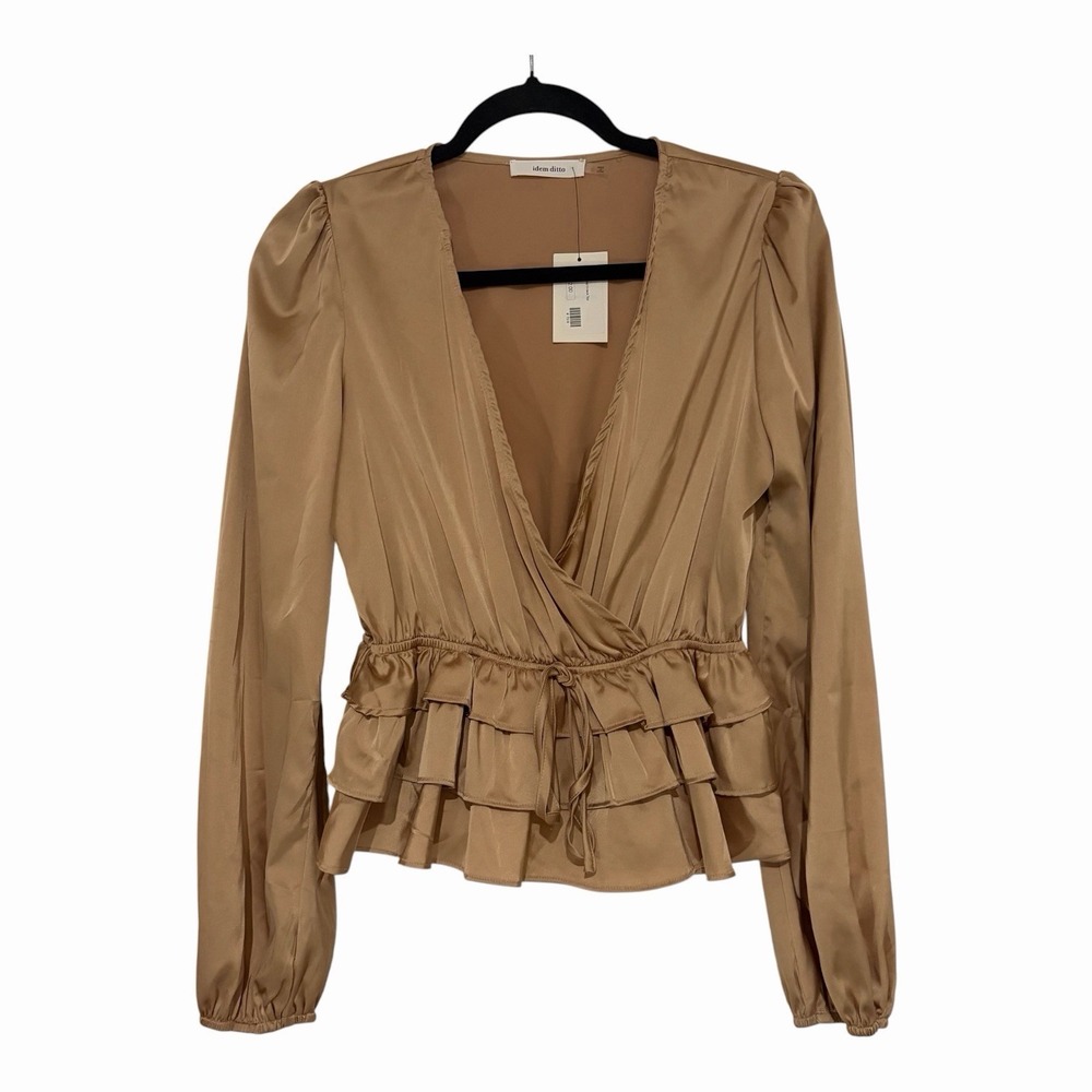 Iden Ditto v-neck wrap peplum blouse Small Polyester Feminine Tan Ruffles NEW